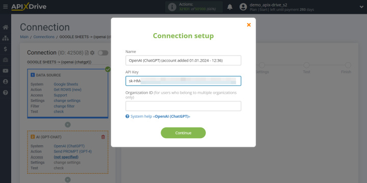 Integration with ChatGPT via Apix-Drive | "API Key" field