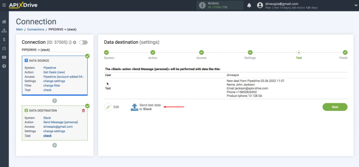 Pipedrive and Slack integration | Click "Send test data to Slack"