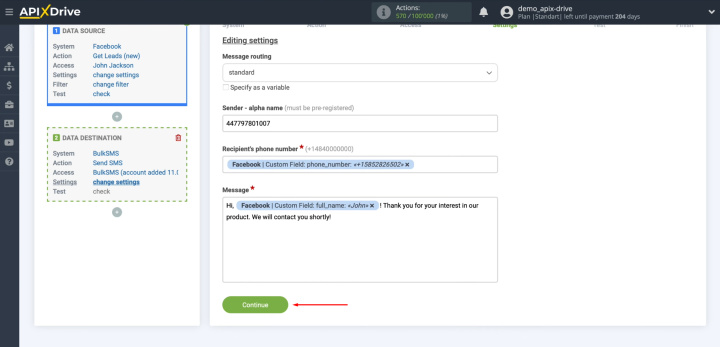 Facebook and BulkSMS integration | Once all necessary fields are completed, click “Continue”