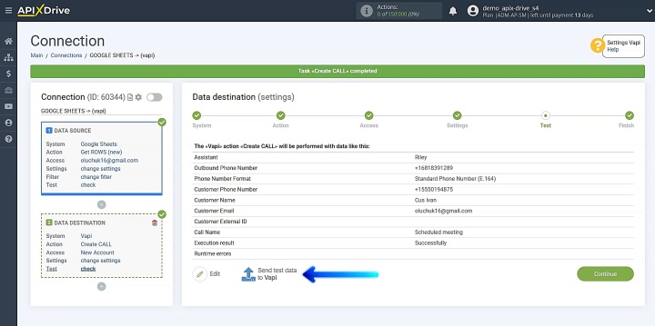 To verify the configuration, send test data to Vapi