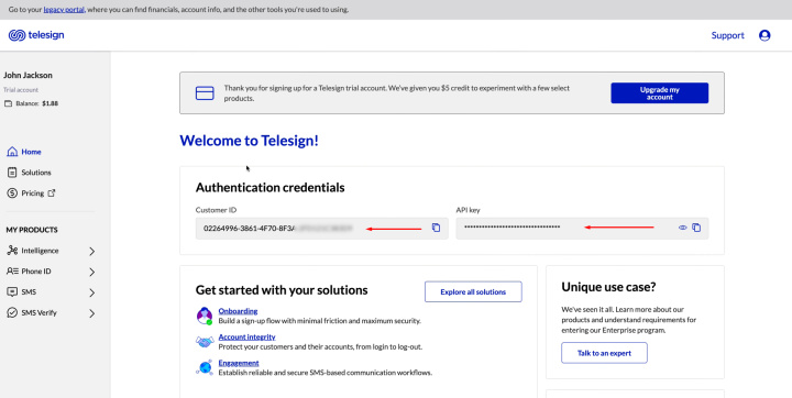 Google Sheets and Telesign integration | Copy the customer ID and API keys