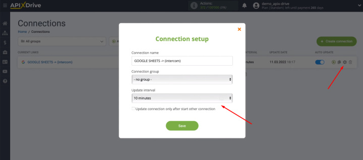 Google Sheets and Intercom integration | Select the communication interval