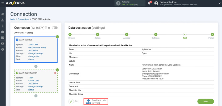 Zoho CRM and Trello integration | Send test data to Trello
