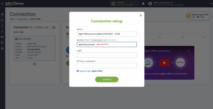 Agile CRM and Airtable integration | Paste the domain into the appropriate field in ApiX-Drive