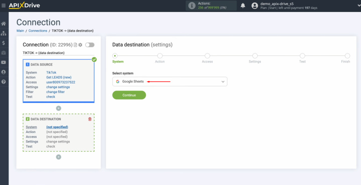 TikTok and Google Sheets integration | Choose the system "Google Sheets"