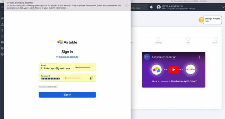 Specify the login and password of your Airtable account