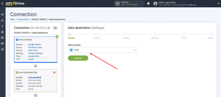 Google Sheets and Trello integration | Select Trello as the receiver