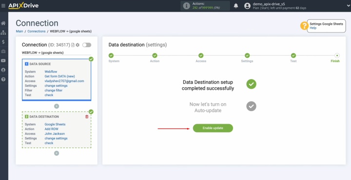 Webflow and Google Sheets integration | Click “Enable update”