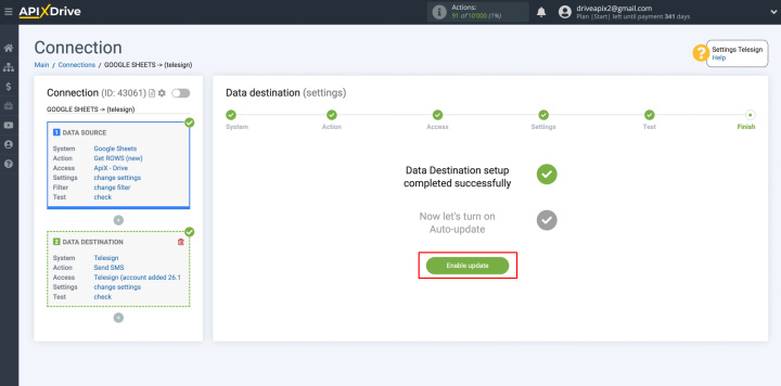 Google Sheets and Telesign integration | Click “Enable update”