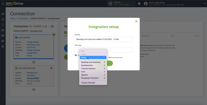 Google Sheets and Monday.com integration | Paste the key into the field