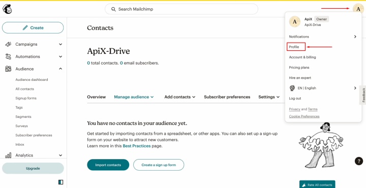 Go to the Profile settings section on your Mailchimp account Go to the Profile settings section on your Mailchimp account
