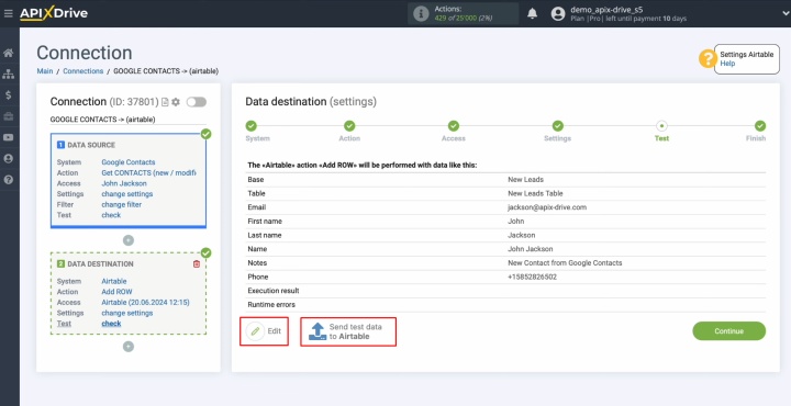 Send test data to Airtable