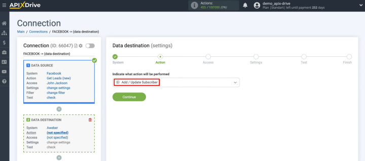 How to integrate AWeber and Facebook | Select the action