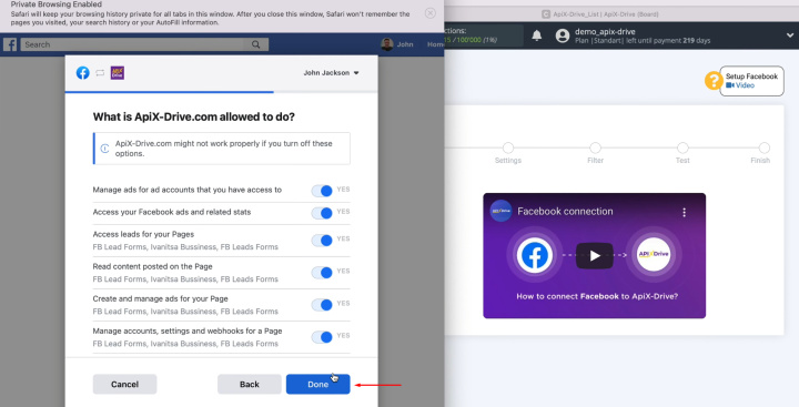 Facebook and ClickUp integration | Leave here all checkboxes enabled
