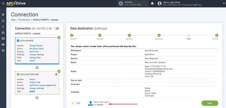 Google Sheets and Asana integration | Send test data to Asana