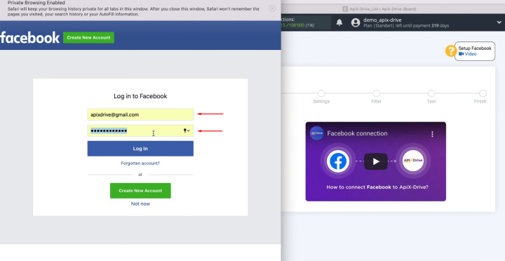 Facebook and ClickUp integration | Specify the username and password