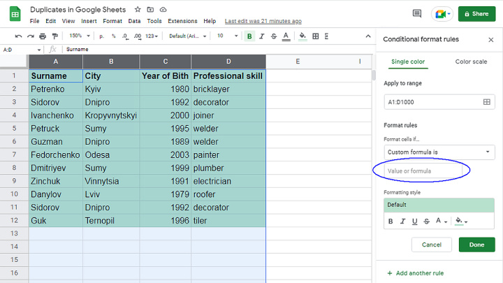How to Find Duplicates in Google Sheets |&nbsp;Go to the field Format cells if