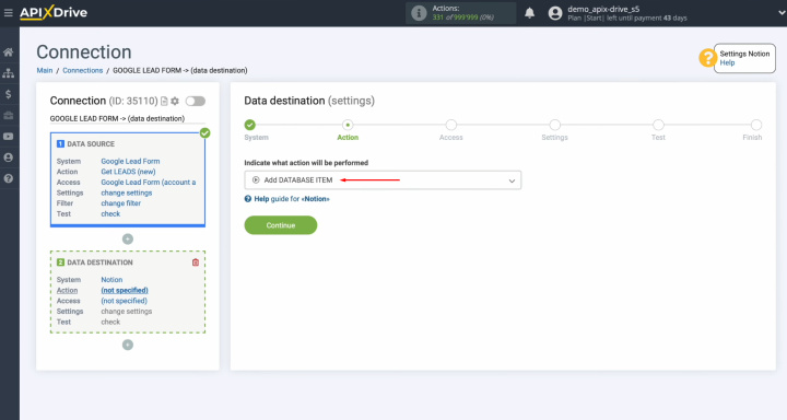 Google Ads Lead Form and Notion integration | Select the action “Add Database Item”