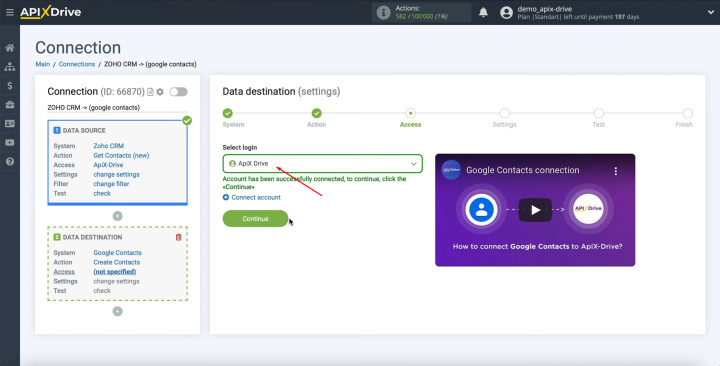 Zoho CRM and Google Contacts integration | Select the connected login