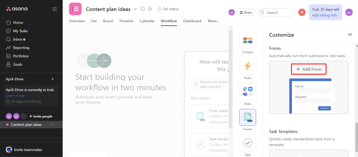 How to create forms in Asana | Click "Add form"