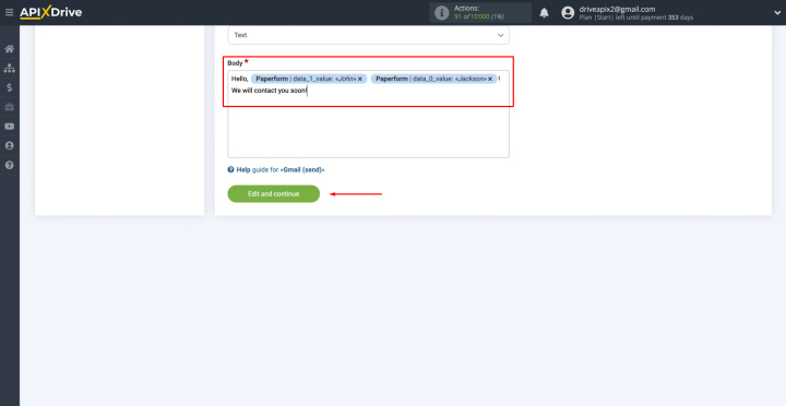 Paperform and Gmail integration | When all the necessary data is assigned, click “Edit and Continue”