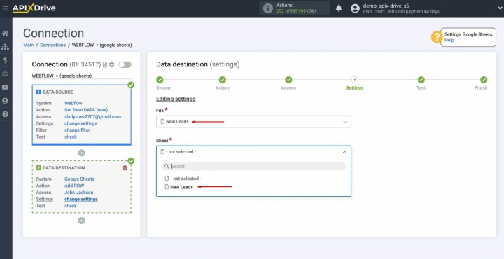 Webflow and Google Sheets integration | Choose the file and sheet