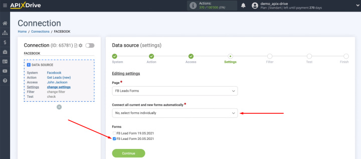 Facebook and Slack integration | Select individual forms manually