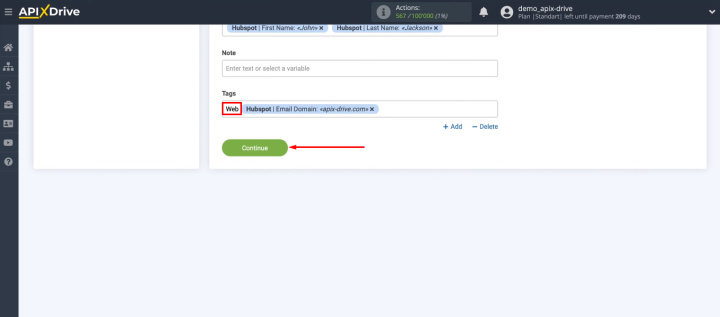 Hubspot and AWeber integration | After set up the AWeber fields click "Continue"