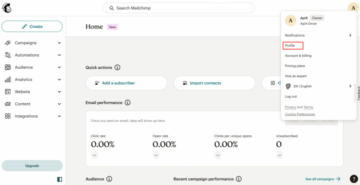 Airtable and MailChimp integration | Go to your profile in MailChimp personal account