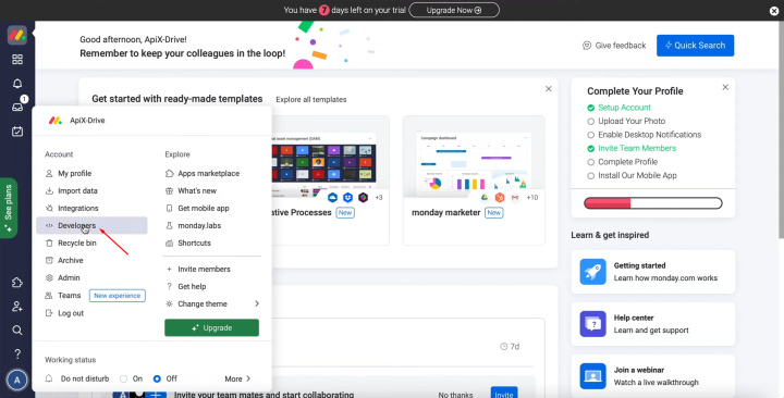 Google Sheets and Monday.com integration | Select “Developers”