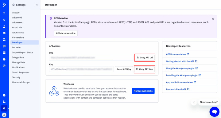 Tally and ActiveCampaign integration | Copy the URL and API key