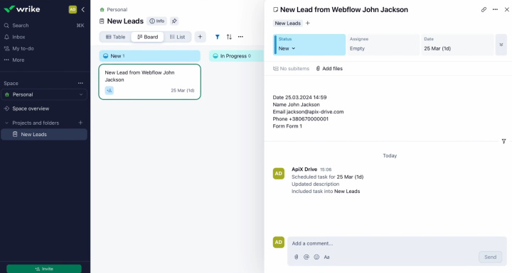 Webflow and Wrike integration | Result of connecting