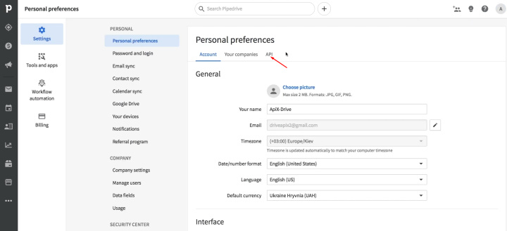 Pipedrive and Slack integration | Go to the item “API”