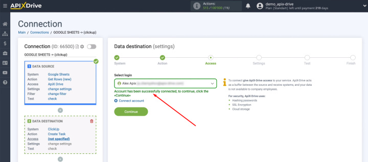 Google Sheets and ClickUp integration | Select ClickUp account