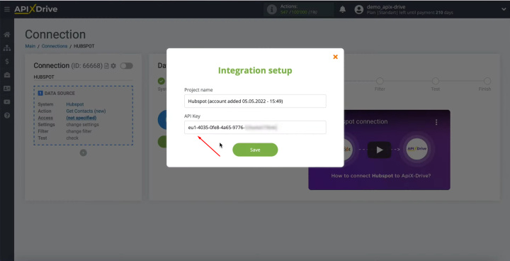 HubSpot and Notion integration | Copy the API key and paste it