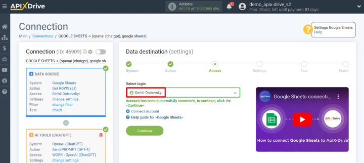 Integration settings for bulk article generation | Select the Google Sheets account