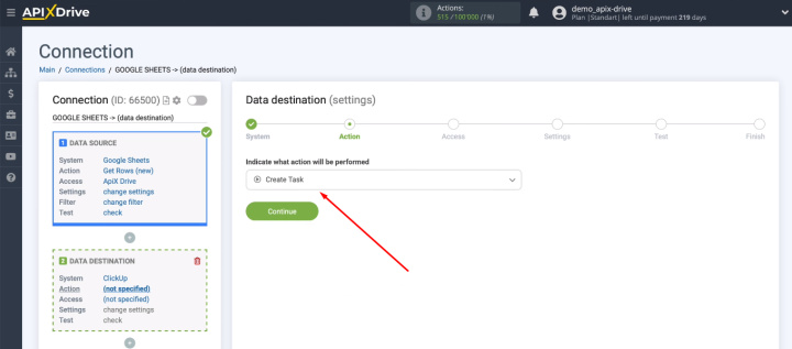 Google Sheets and ClickUp integration | Select the "Create Task" action