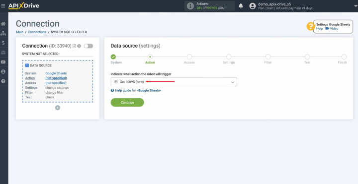 Google Sheets and PeopleForce integration | Choose the action "Get Rows New"