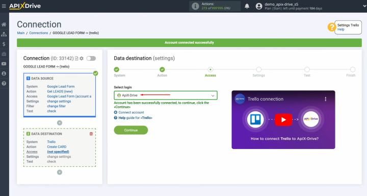 Google Lead Form and Trello integration | Select the connected account