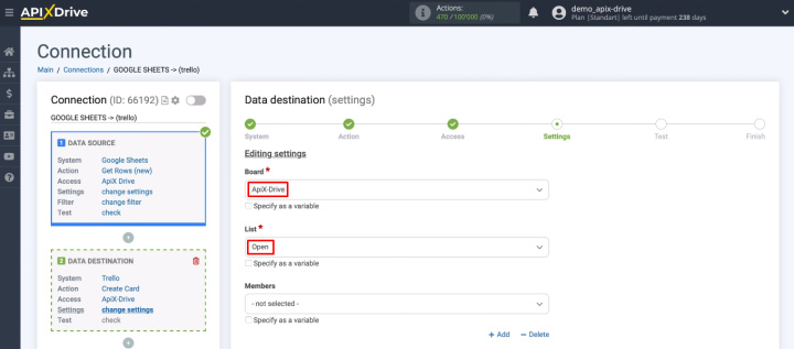 Google Sheets and Trello integration | Select the board and list&nbsp;
