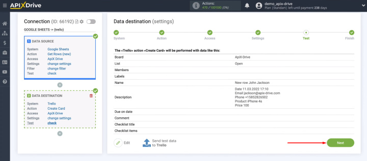 Google Sheets and Trello integration | Click "Next"