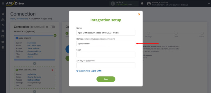 Facebook and Agile CRM integration | Insert the domain