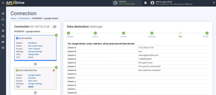 Facebook and Google Sheets integration | Test data