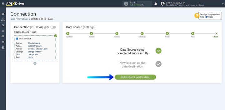 Start configuring the data destination