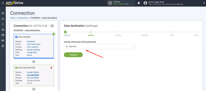 Facebook and Google Sheets integration | Define an action