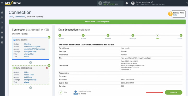 Webflow and Wrike integration | Return to ApiX-Drive and click “Continue”