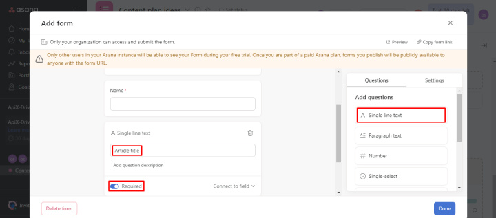 How to create forms in Asana | Add the "Article title" field