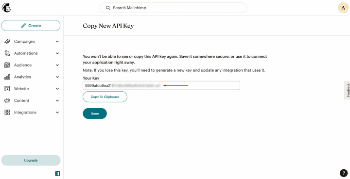 Airtable and MailChimp integration | Copy the API key and click “Done”