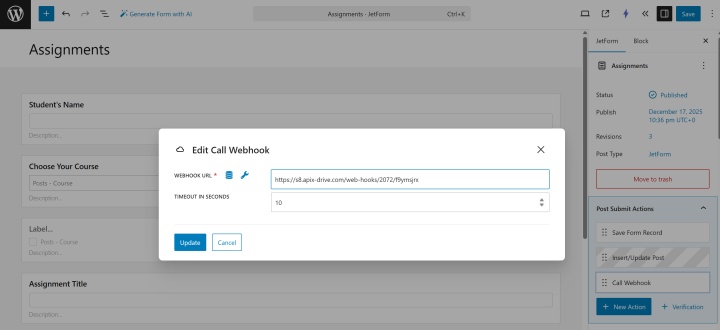 Insert the webhook URL