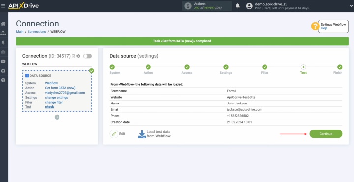 Webflow and Google Sheets integration | Once the test data appears, click “Continue”